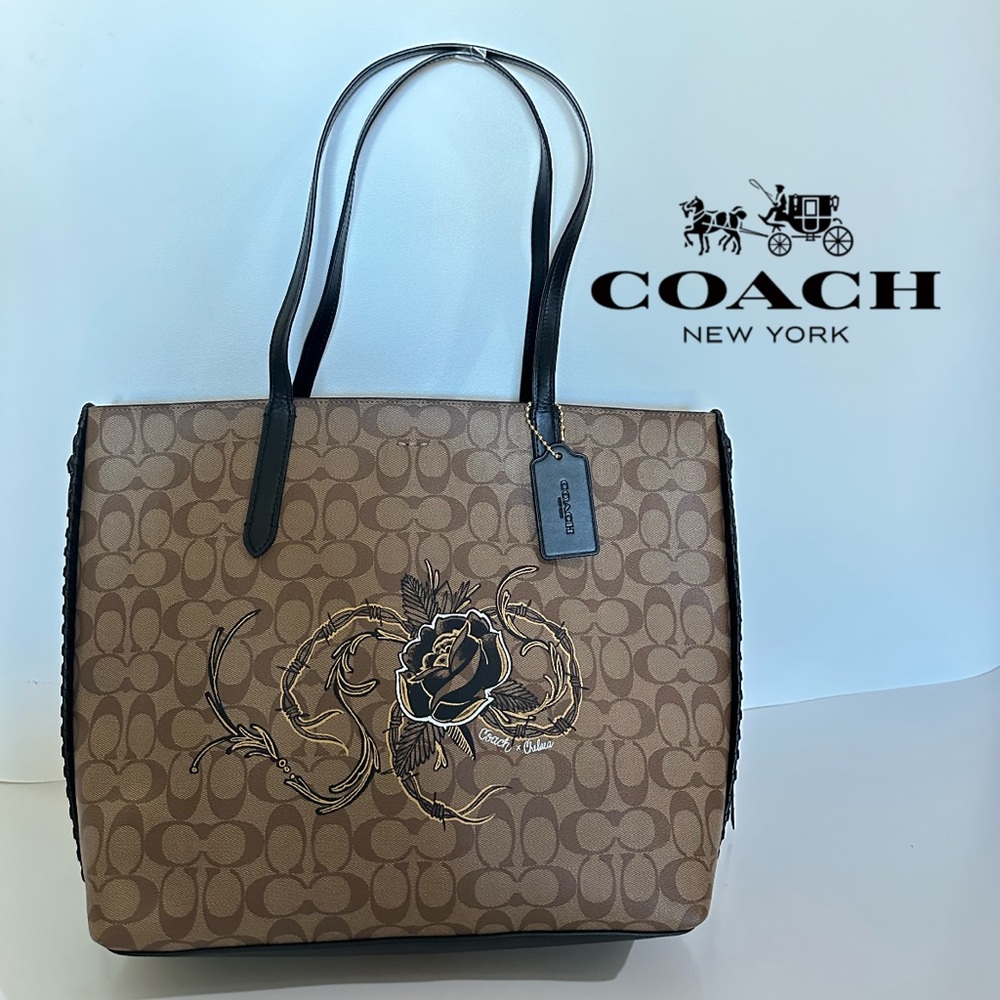 Coach X Chelsea Champlain Limited Edition Leather Signature Tattoo Rose Tote Ba